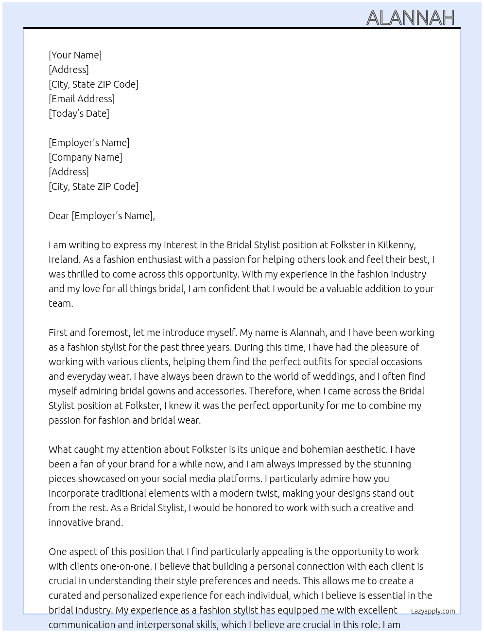 Bridal stylist  At Folkster  Cover Letter