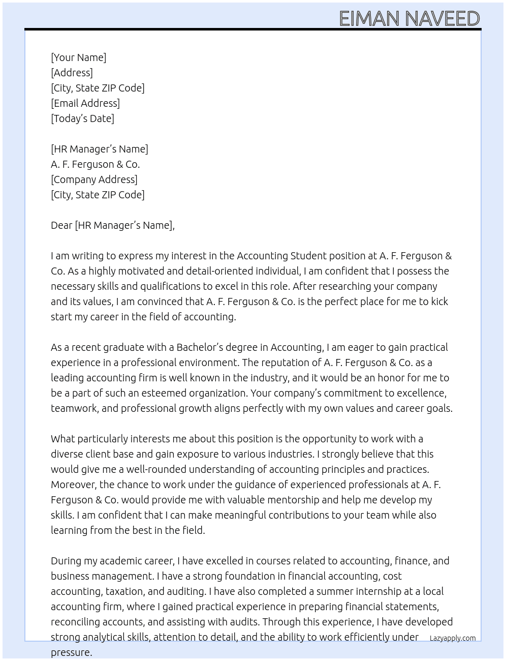 Accounting Student At A. F. Ferguson & Co. Cover Letter