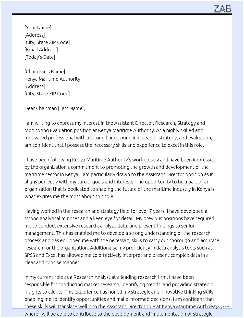 Assistant Director, Research, Strategy and Monitoring Evaluation At Kenya Maritime Authority Cover Letter