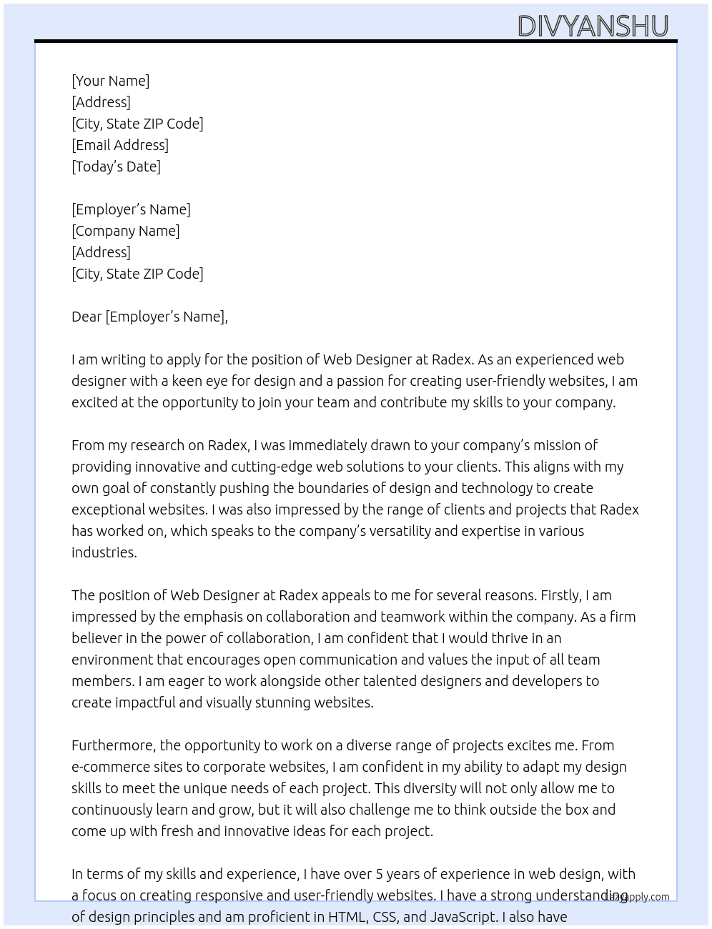 Web designer  At Radex Cover Letter