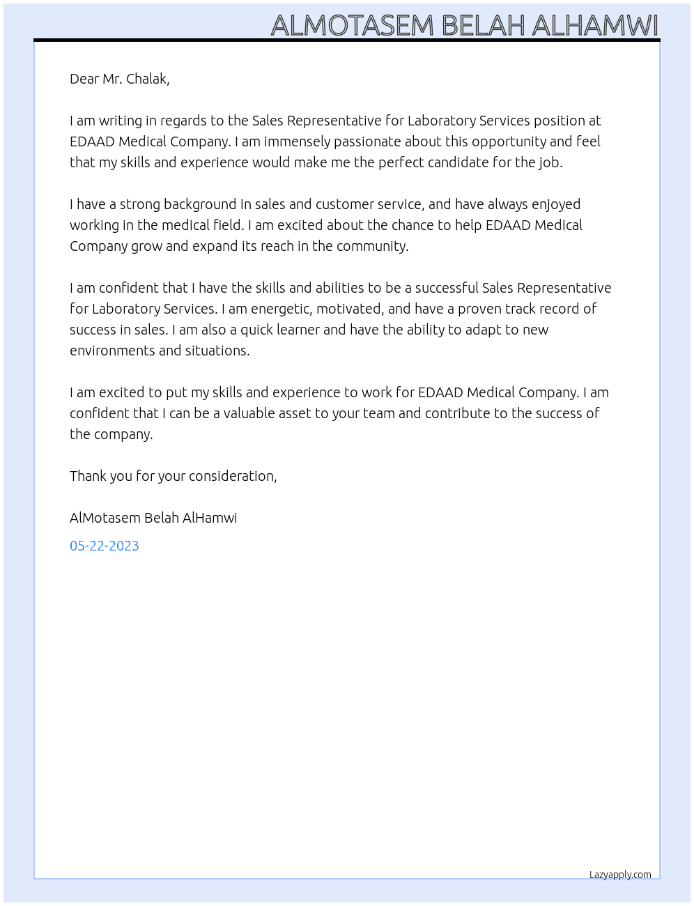 Sales Representative for Laboratory Services At EDAAD Medical Company Cover Letter