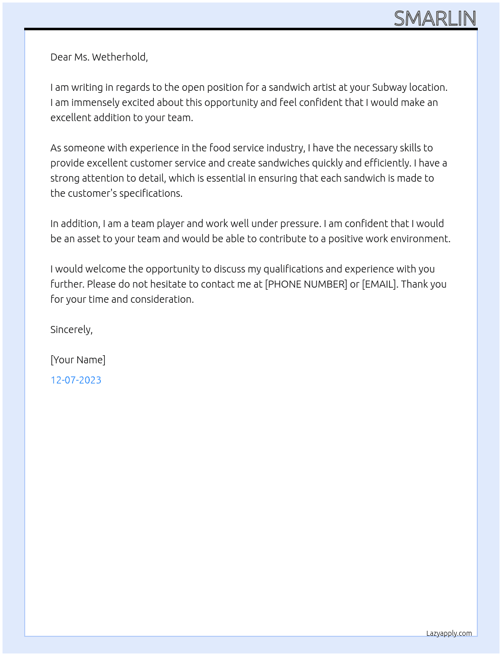 Subway At Making Sandwiches Cover Letter