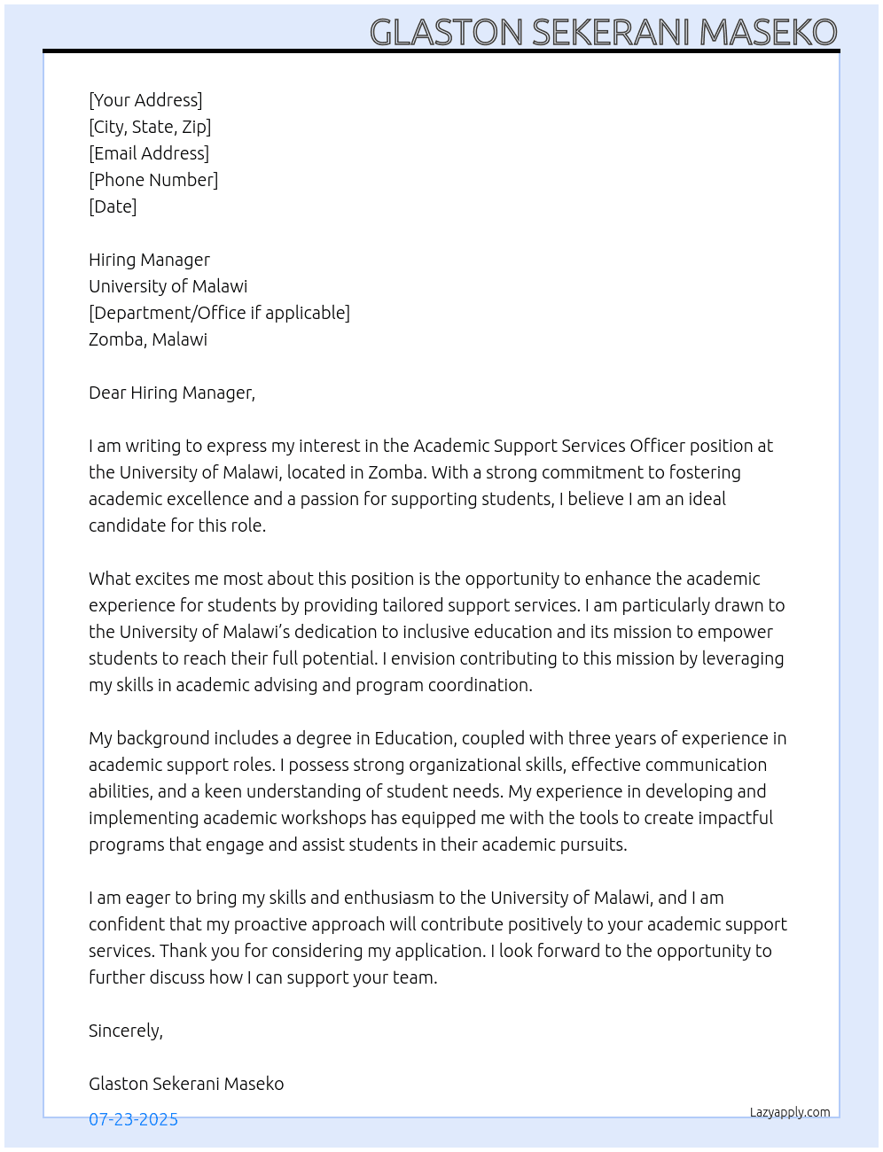 Academic support services officer At University of Malawi Cover Letter