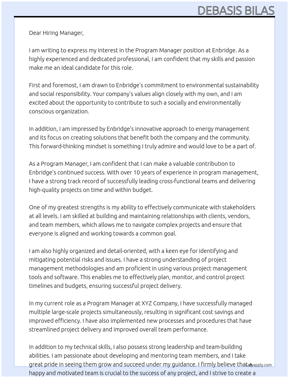 Program Manager At Enbridge Cover Letter