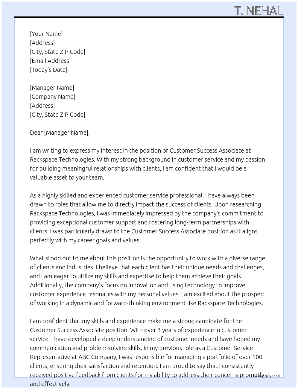 Customer success associate At Rackspace technologies  Cover Letter