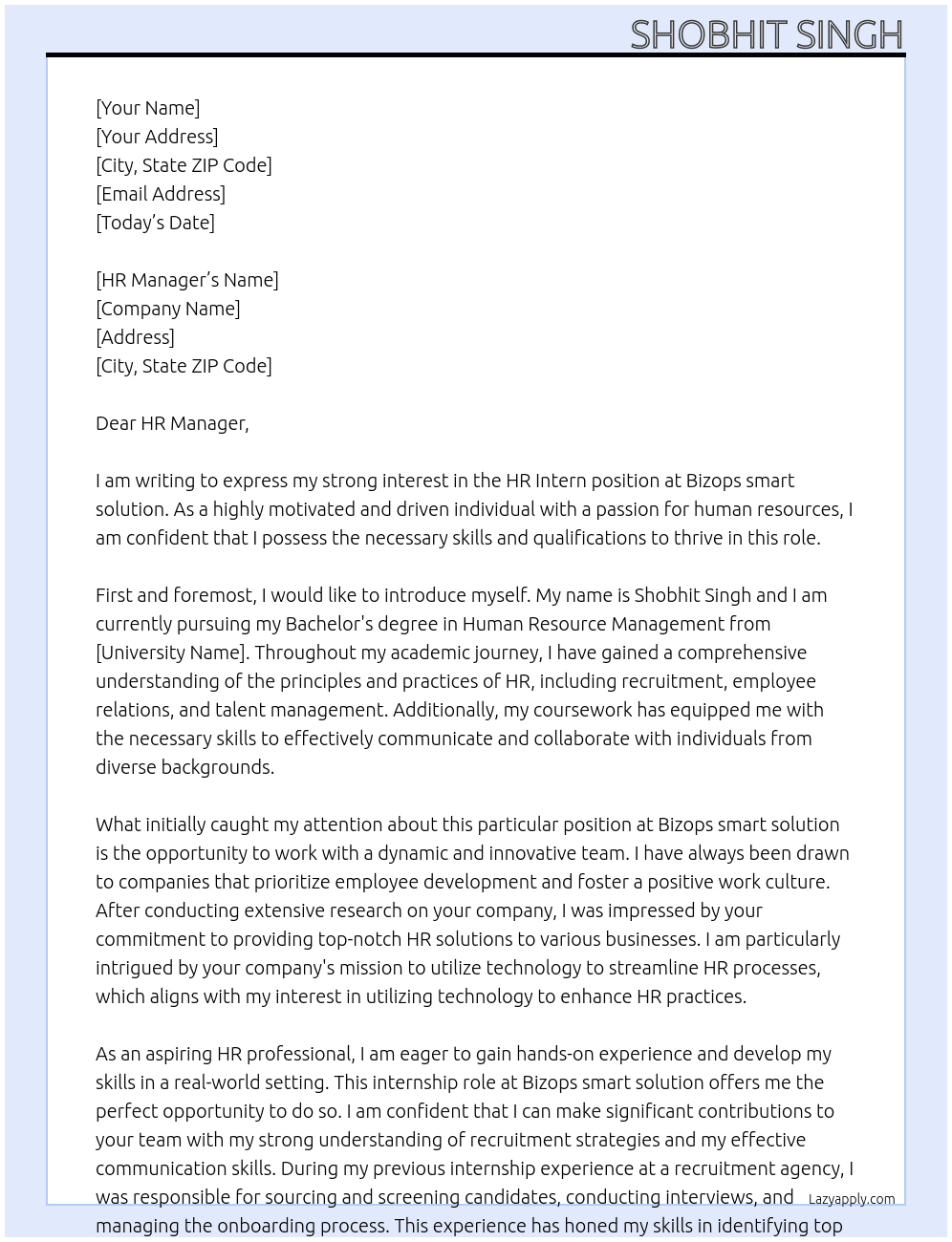 HR Intern At Bizops smart solution Cover Letter