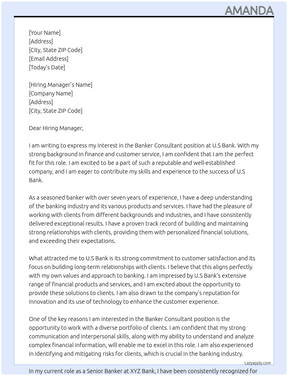 Banker Consultant  At U.S Bank Cover Letter