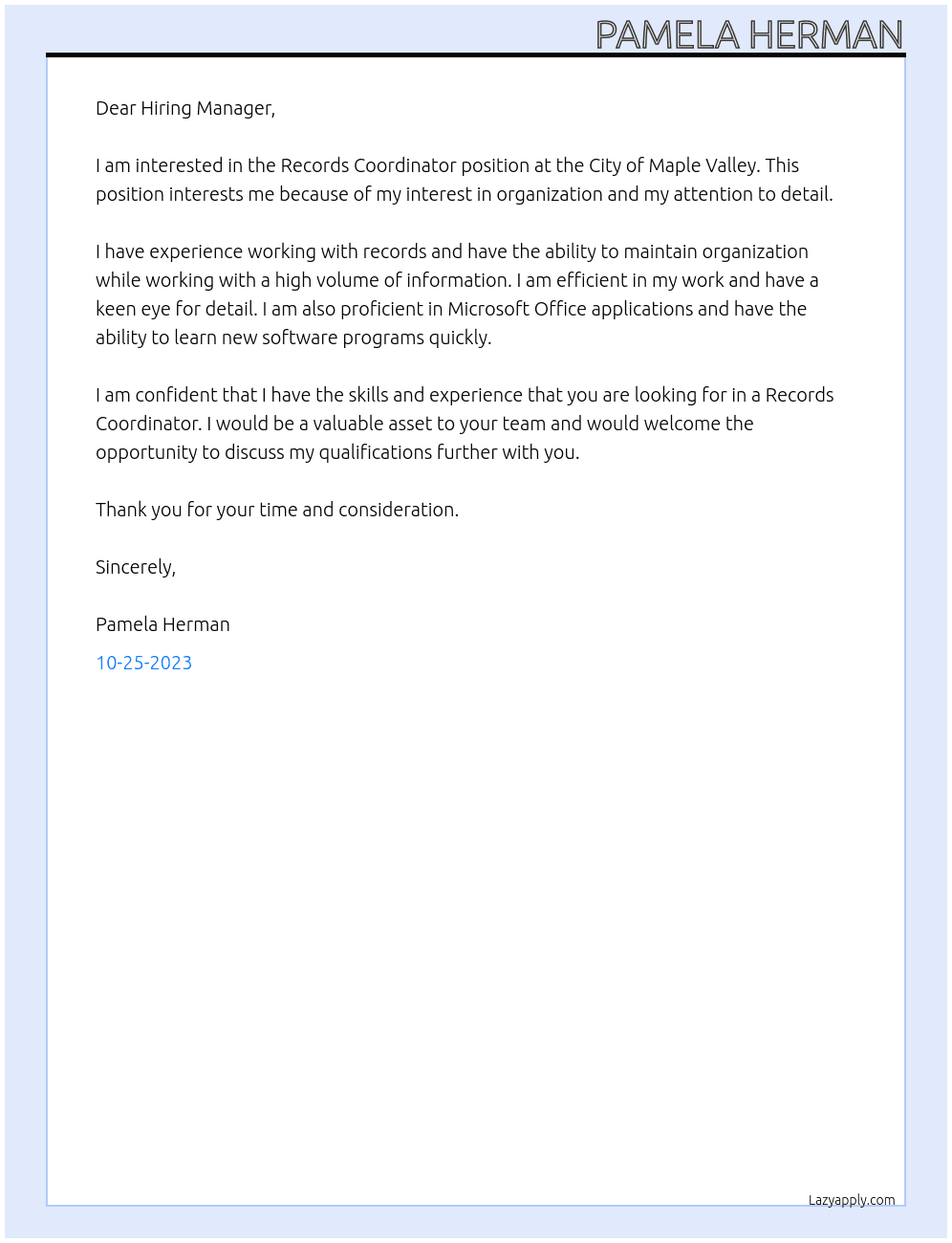 Records Coordinator At City of Maple Valley Cover Letter