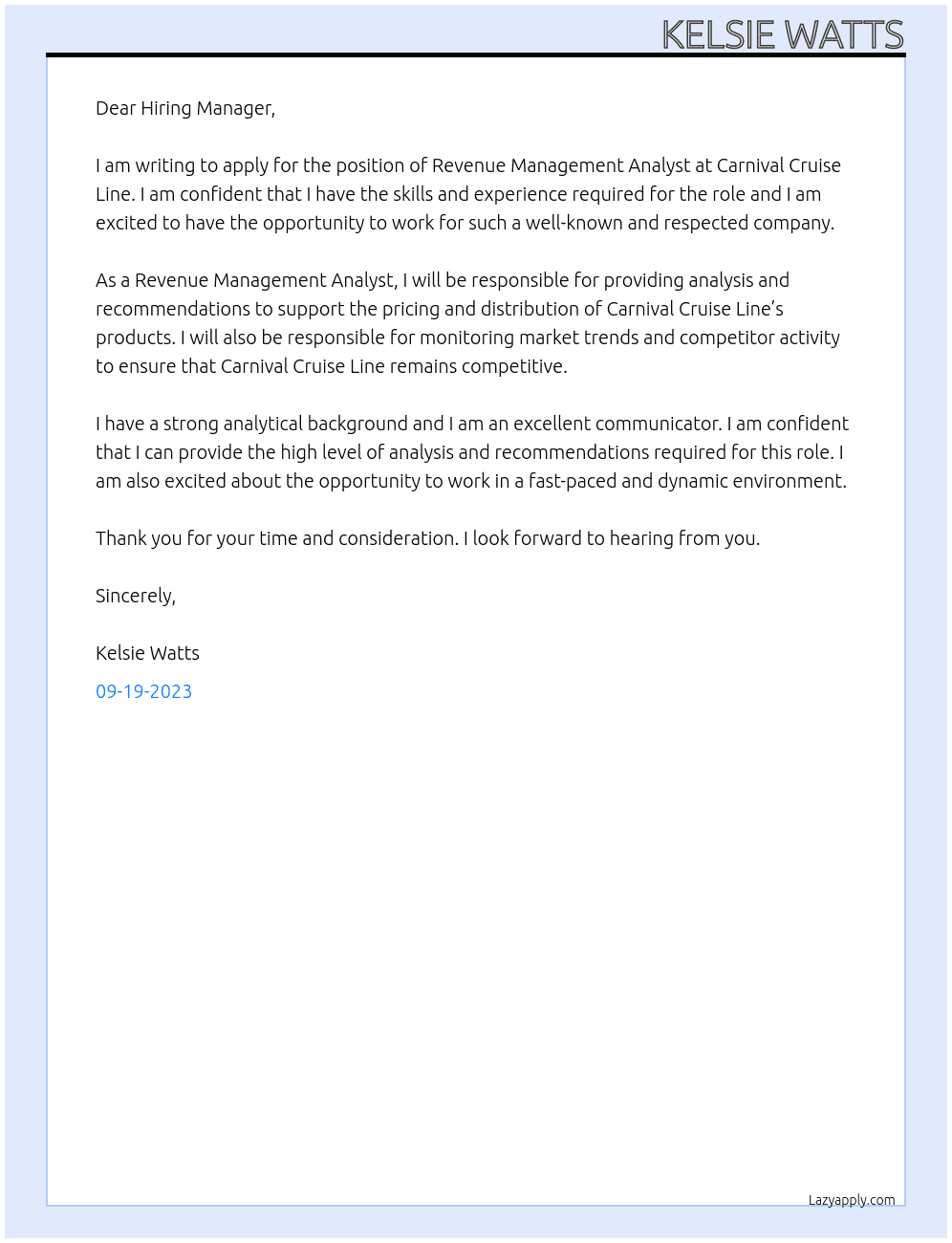 Revenue Management Analyst At Carnival Cruise Line Cover Letter