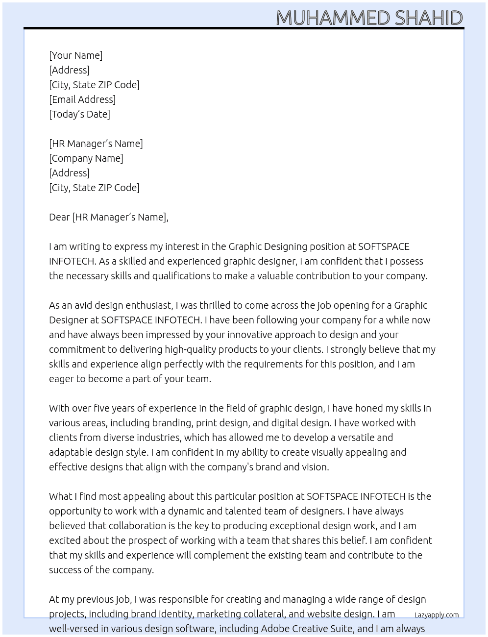 Graphic Designing At SOFTSPACE INFOTECH Cover Letter
