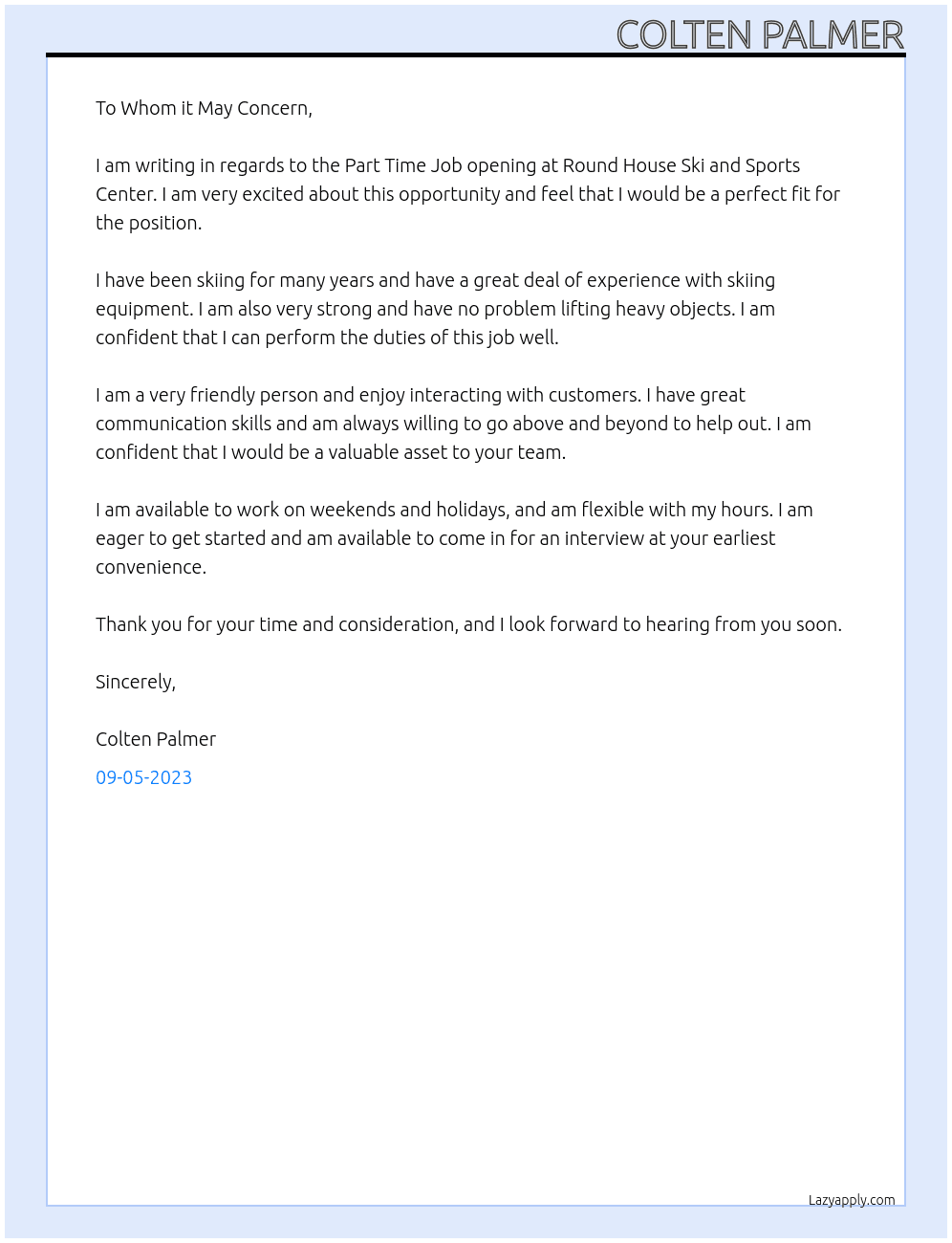 Part Time Job At Round House Ski and Sports Center Cover Letter