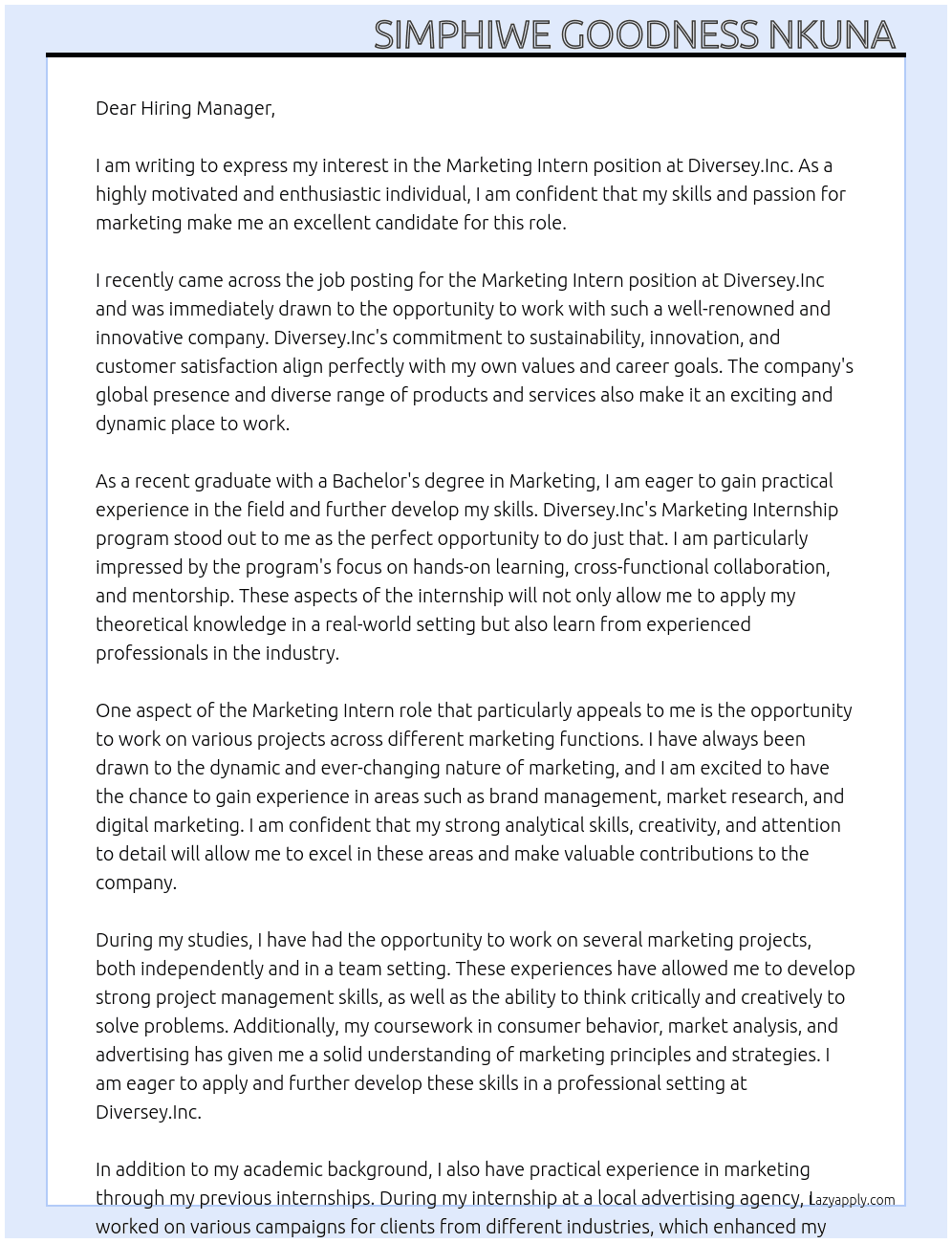 Marketing intern  At Diversey.Inc  Cover Letter