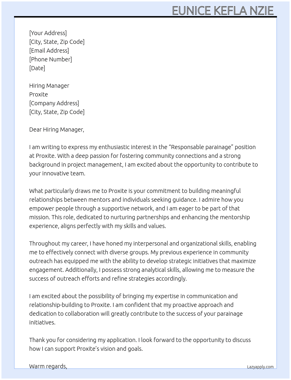 Responsable parainage At Proxite Cover Letter