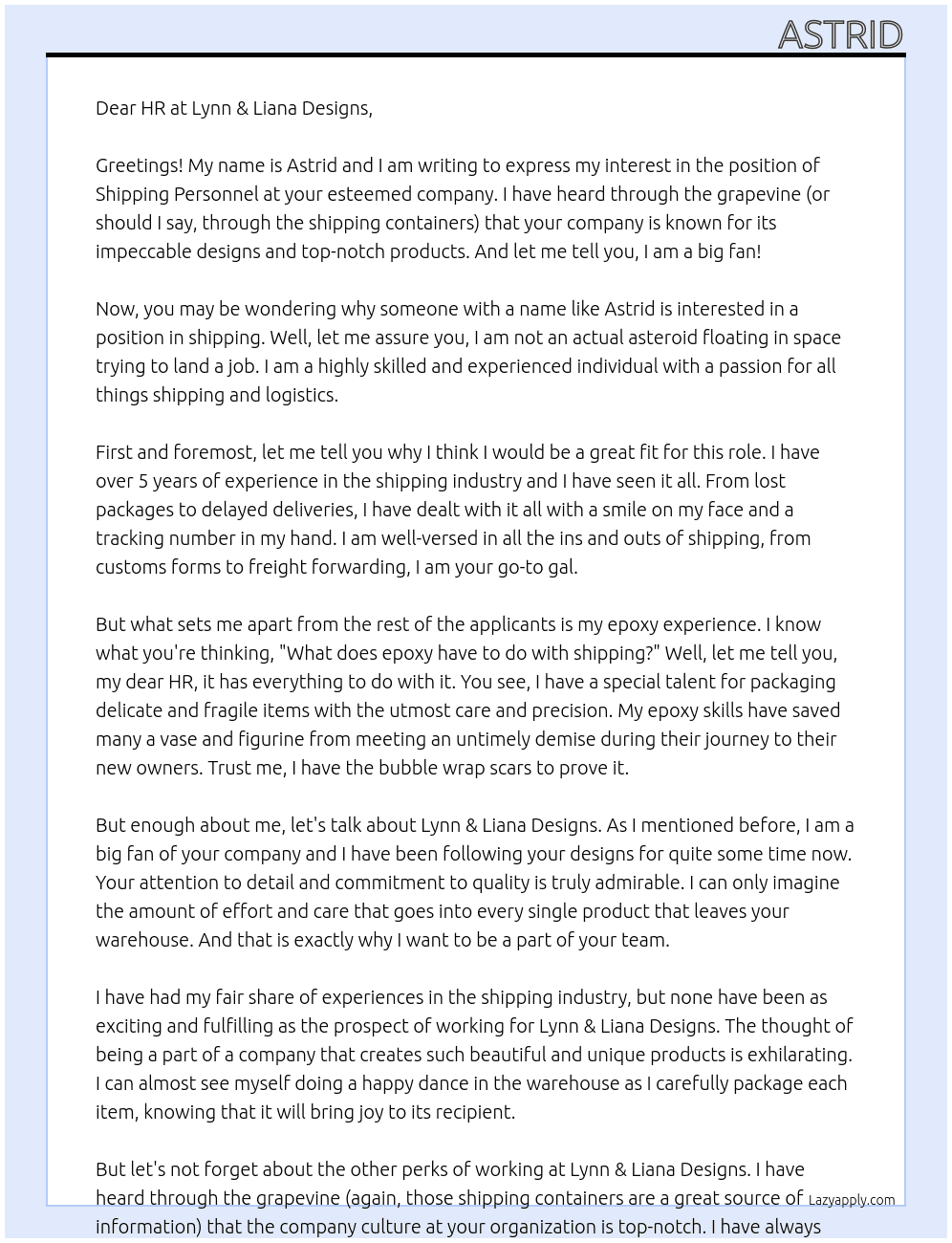 shipping personnel At  Lynn & Liana Designs Cover Letter