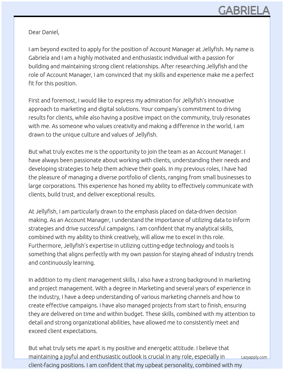 Account Manager At Jellyfish Cover Letter