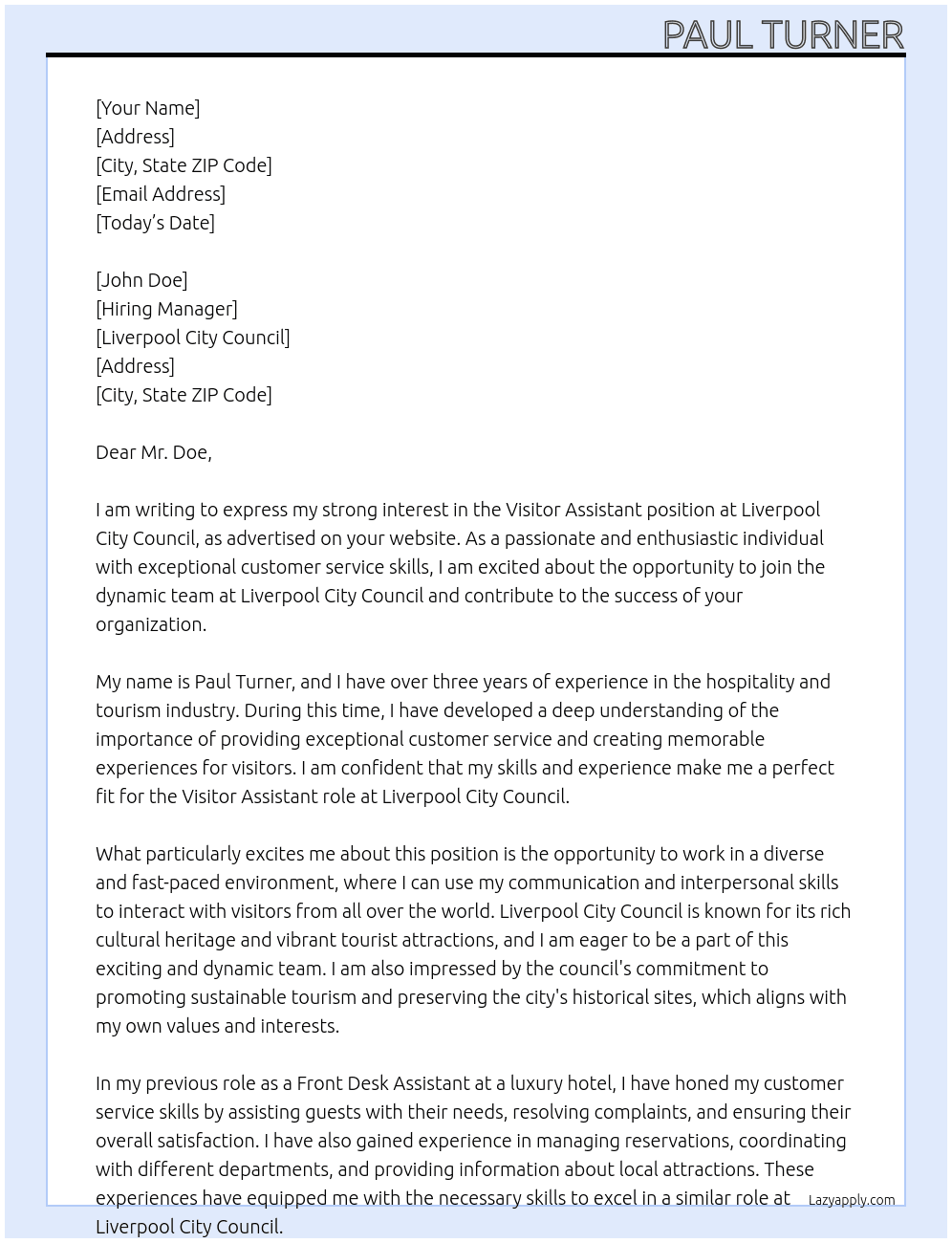 VISITOR ASSISTANT At LIVERPOOL CITY COUNCIL Cover Letter