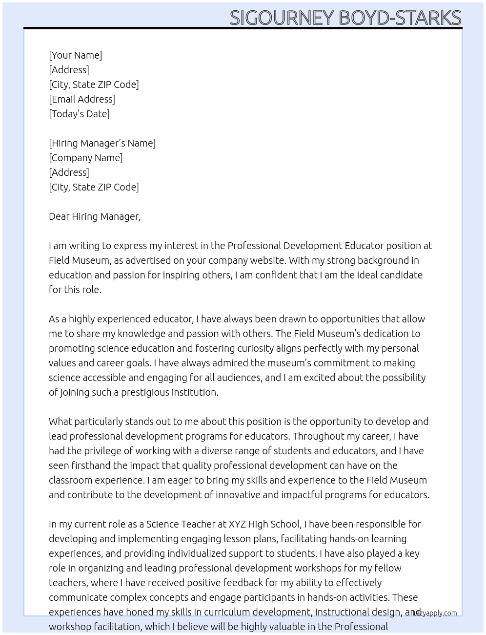 Professional Development Educator At Field Museum  Cover Letter