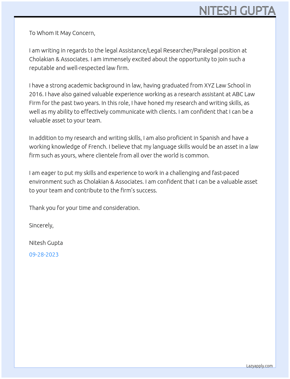 legal Assistance/Legal Researcher/Paralegal At Cholakian & Associates Cover Letter