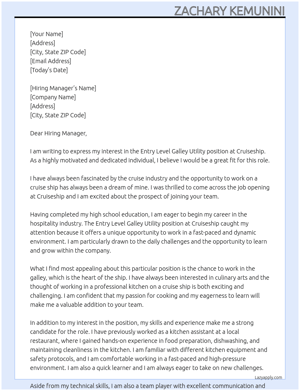 entry level galley utility At cruiseship  Cover Letter