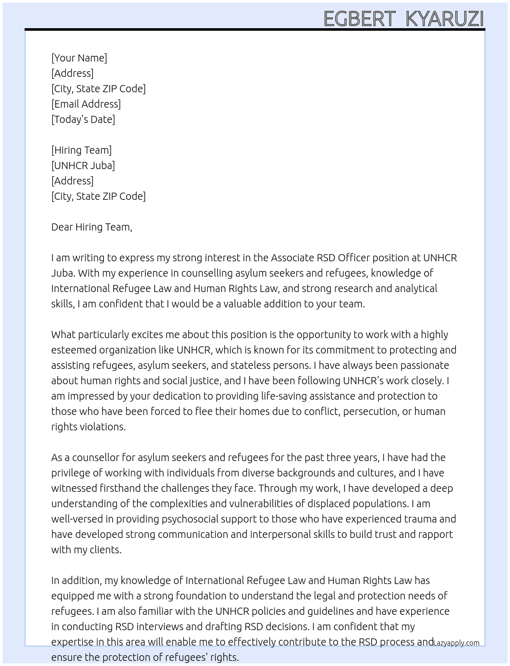 Associate RSD Officer At UNHCR Juba Cover Letter