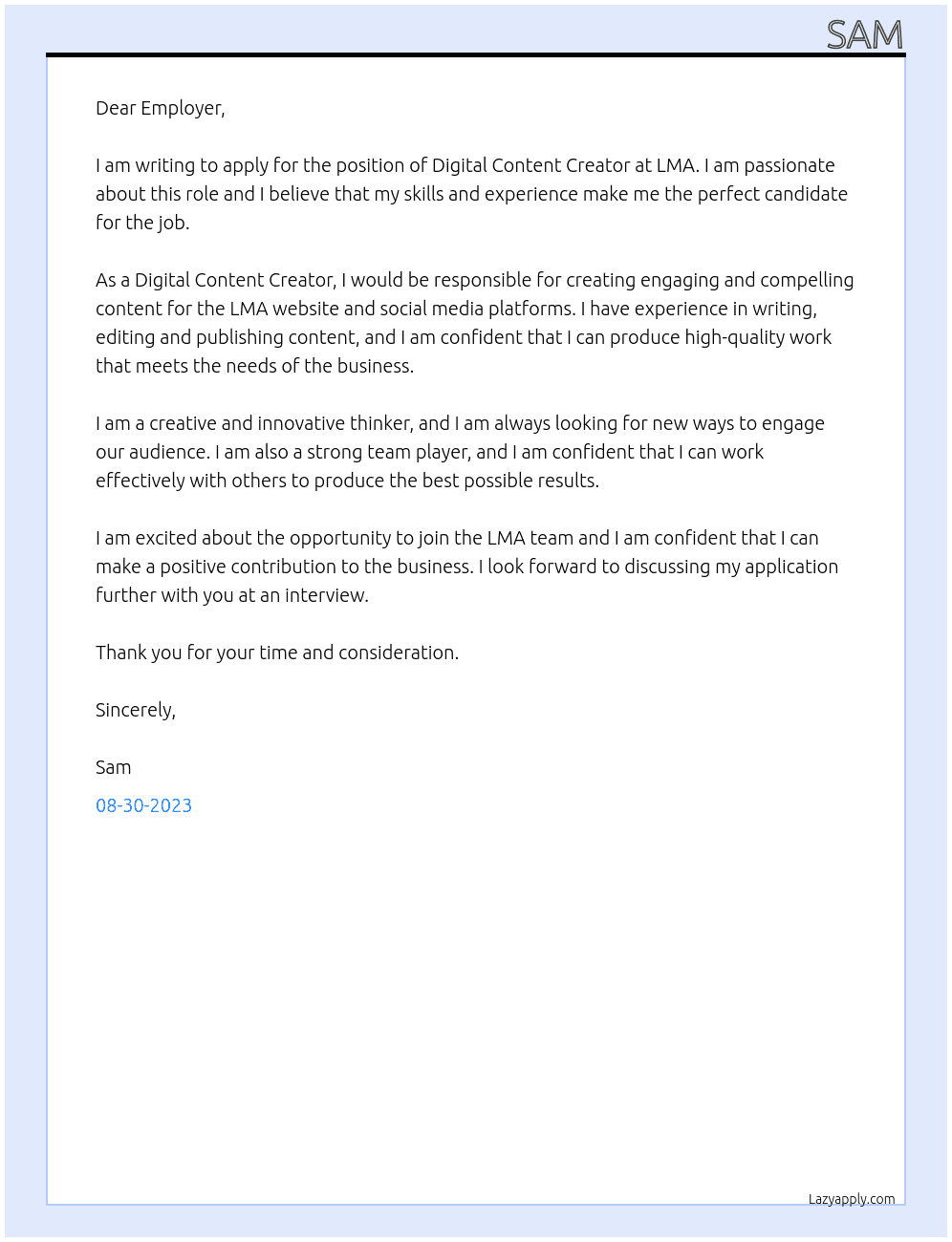 Digital Content Creator At LMA Cover Letter
