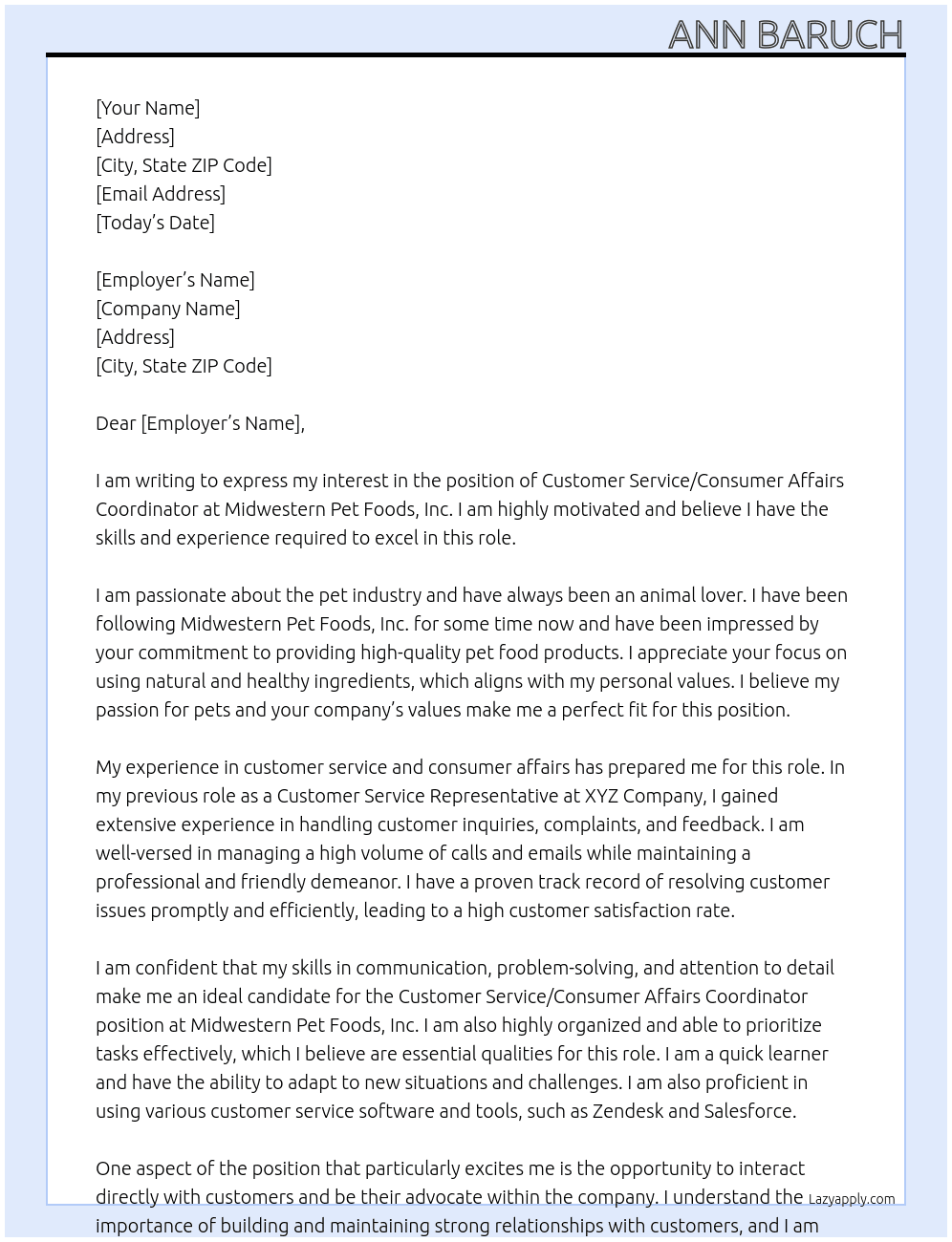 Customer Service/Consumer Affairs Coordinator At Midwestern Pet Foods, Inc Cover Letter