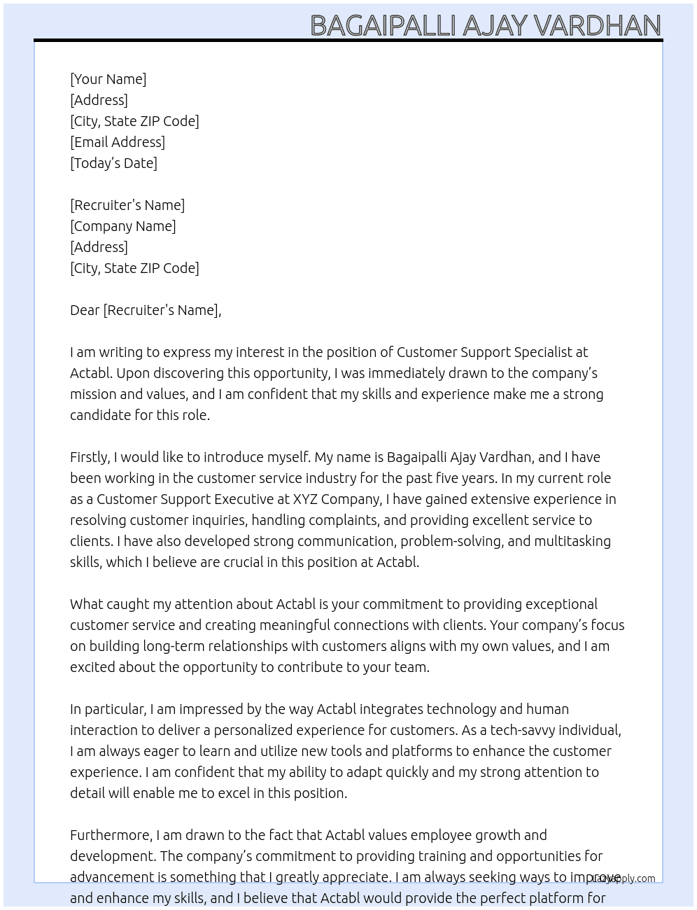 Customer support specialist  At actabl Cover Letter