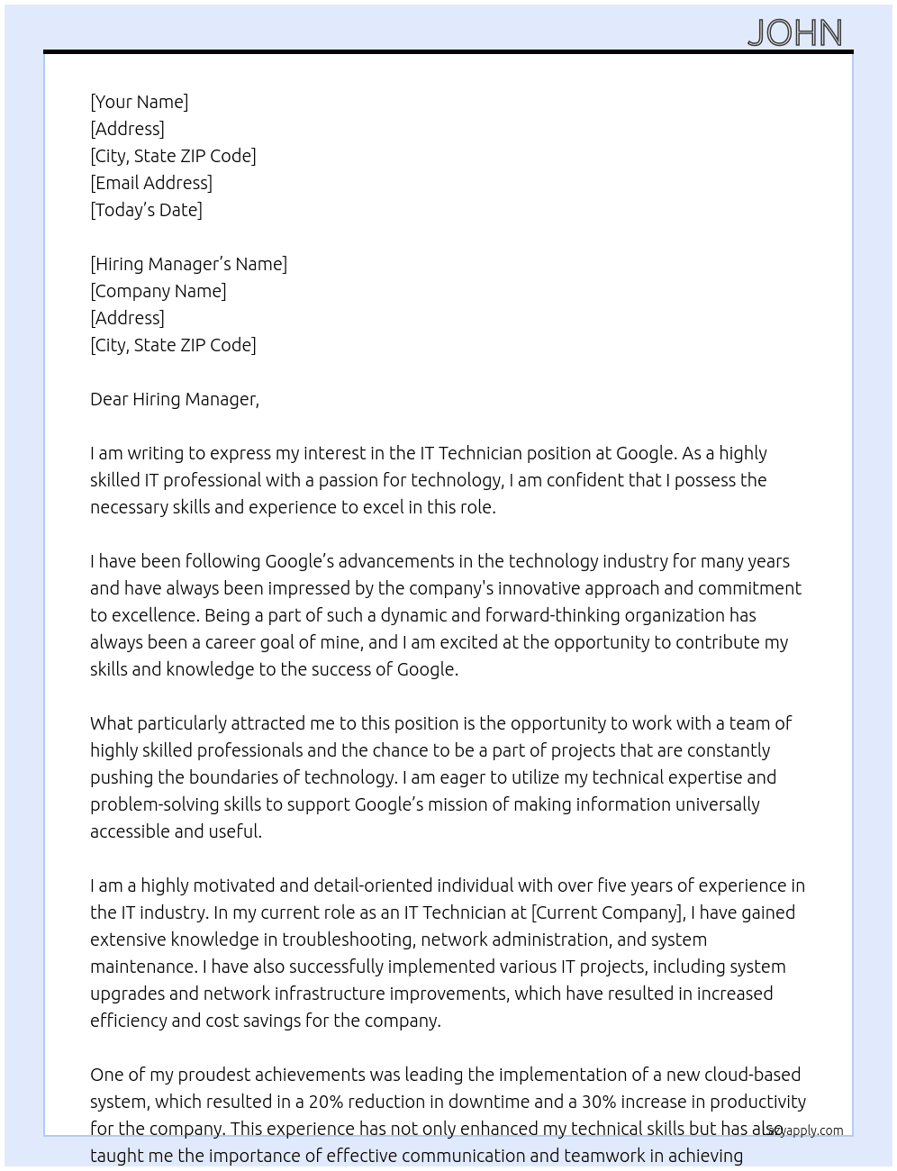It technician At Google Cover Letter