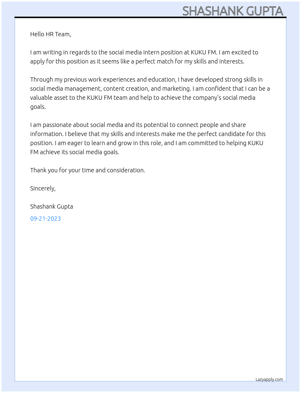 Social media intern  At KUKU FM Cover Letter