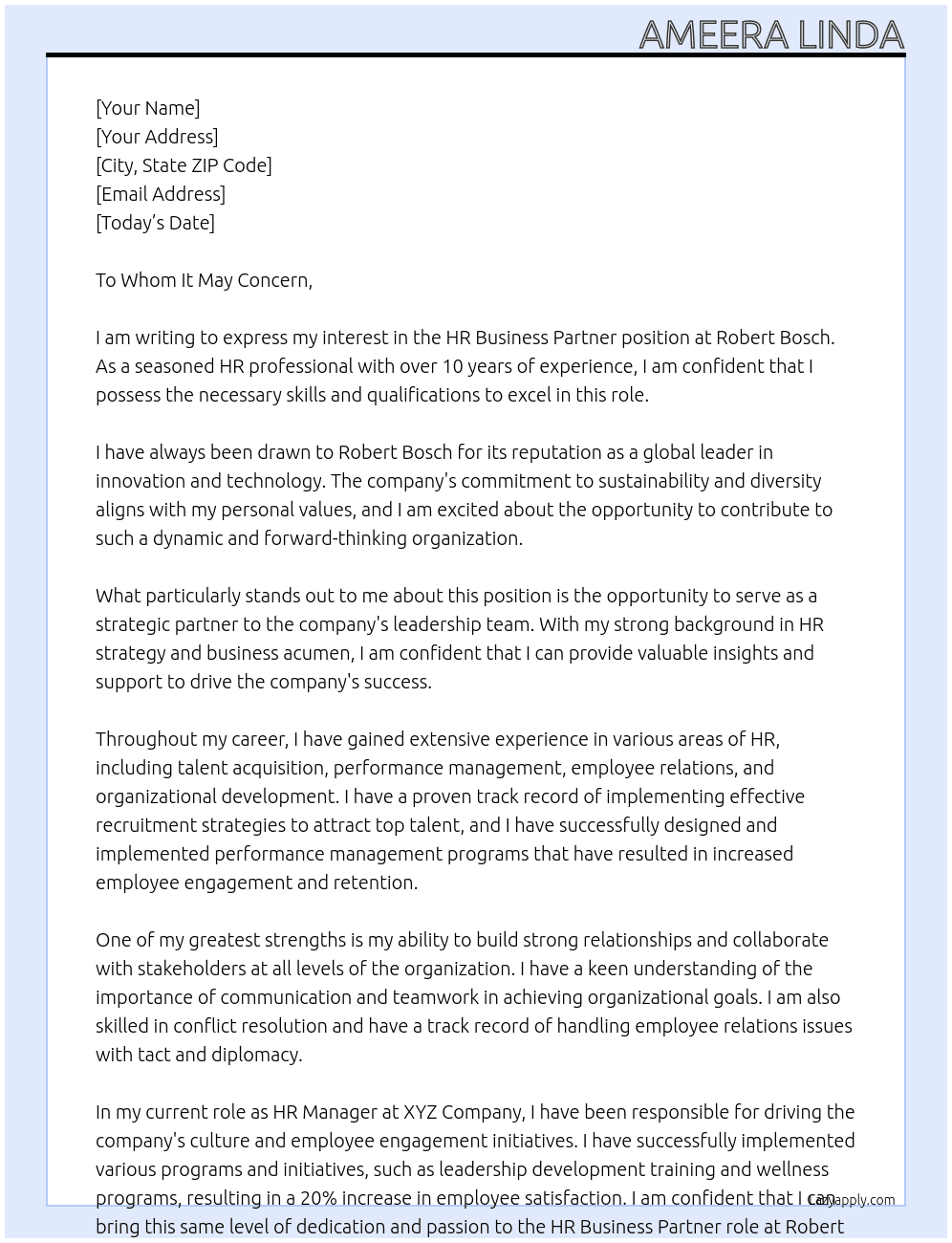 HR Business Partner At Robert Bosch Cover Letter