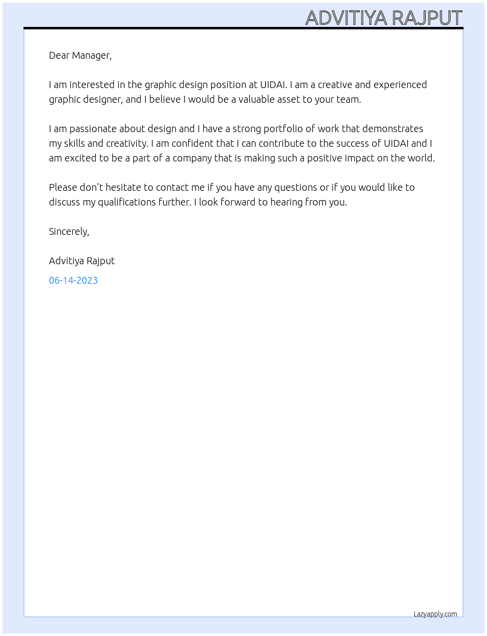 graphic design  At uidai Cover Letter