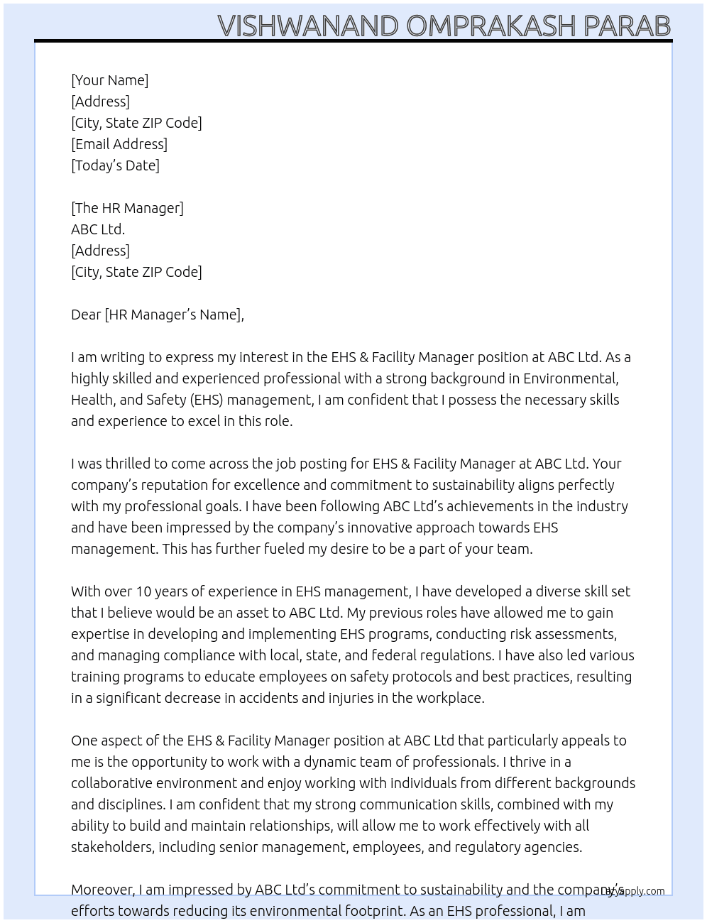 EHS & Facility Manager At ABC Ltd Cover Letter
