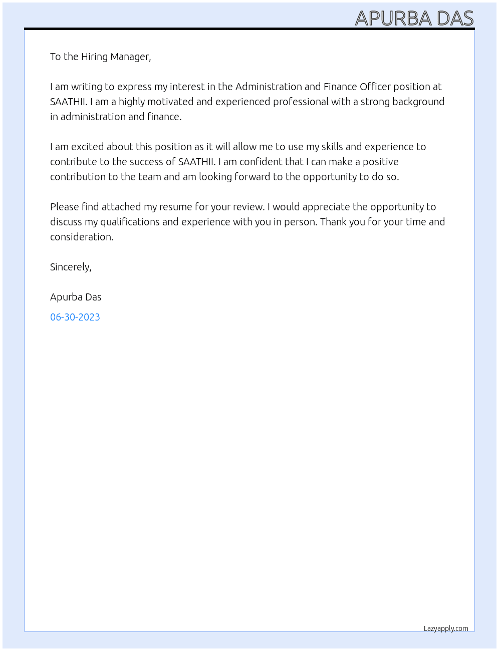 Administration and Finance Officer At SAATHII Cover Letter