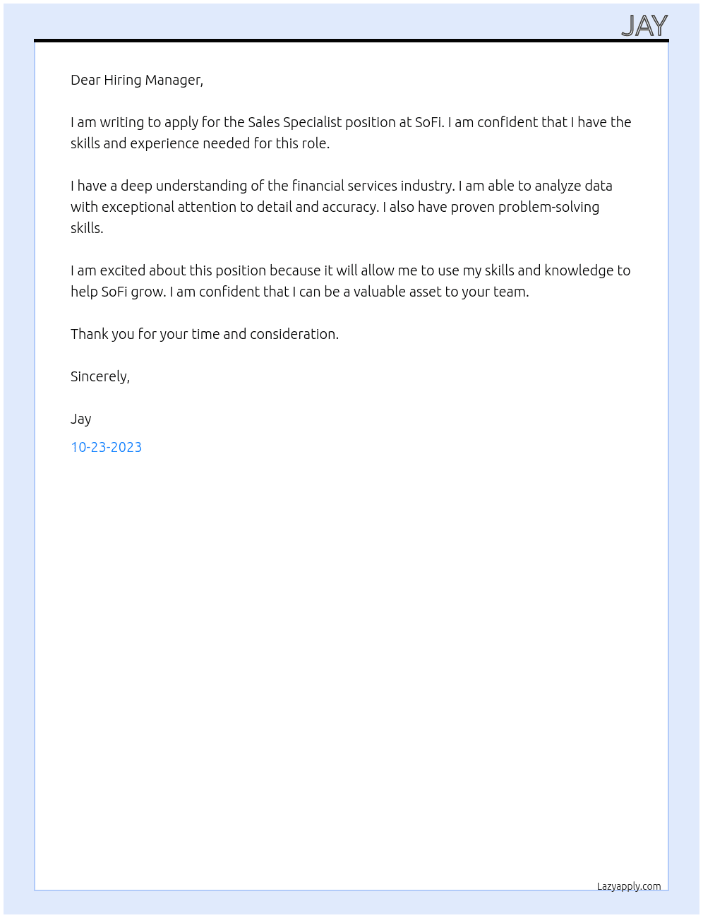 Sales Specialist At SoFi Cover Letter