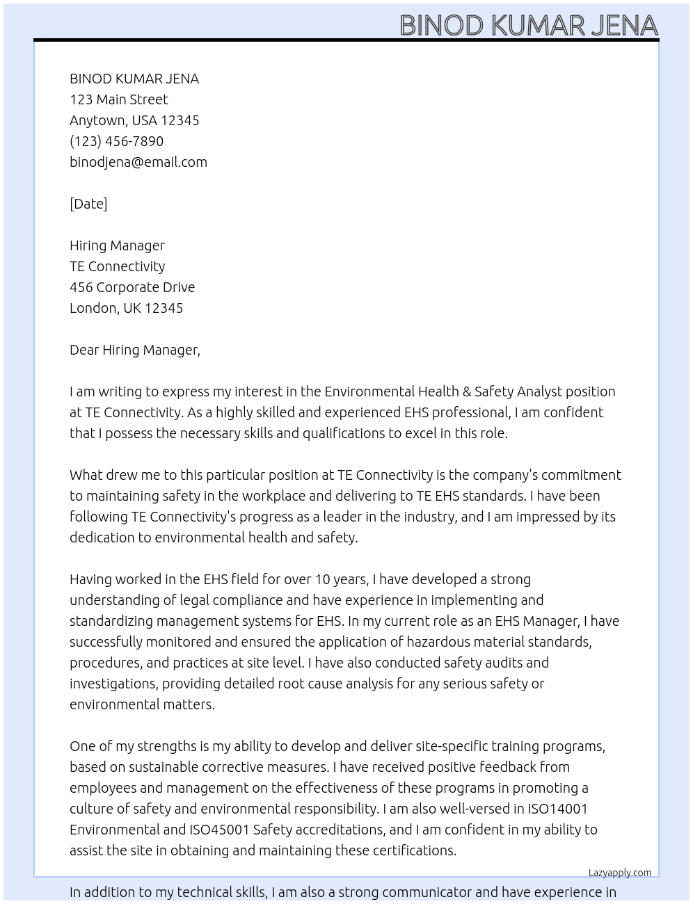 Environmental Health & Safety Analyst At TE Connectivity Cover Letter