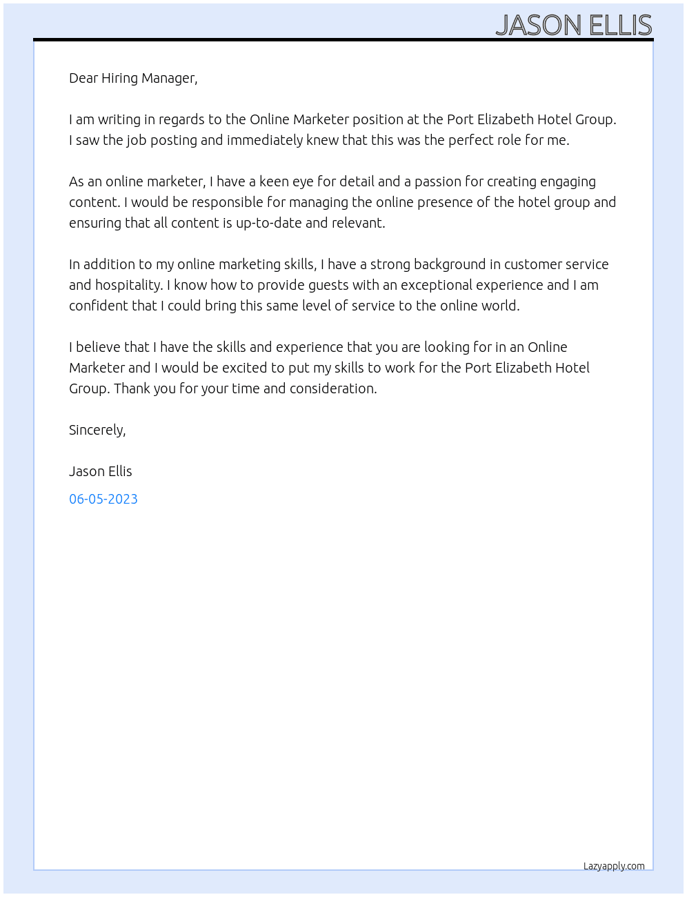 Online Marketer At Port Elizabeth Hotel Group Cover Letter