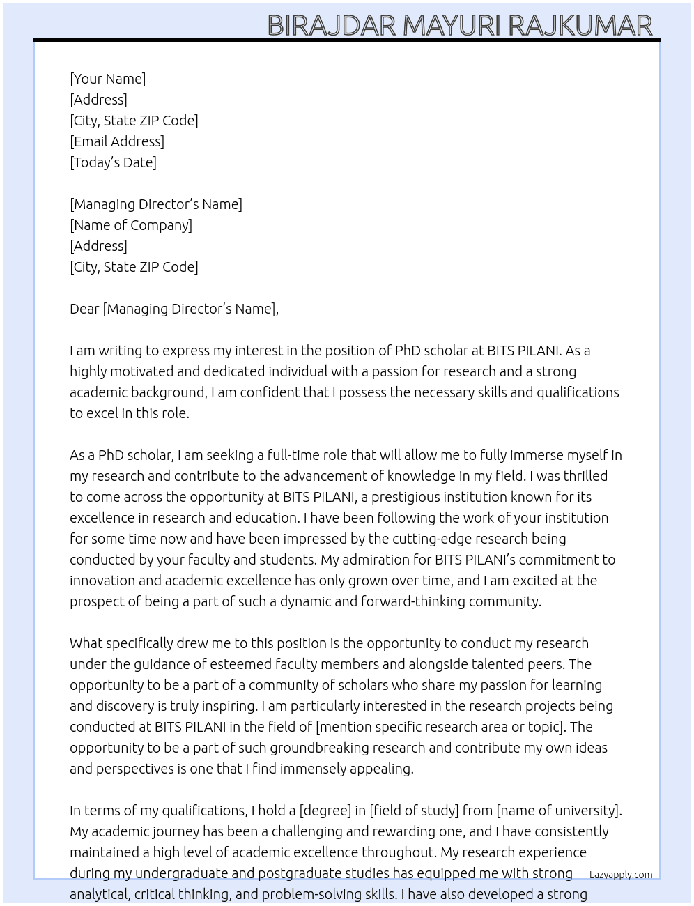 PhD scholar  At BITS PILANI  Cover Letter