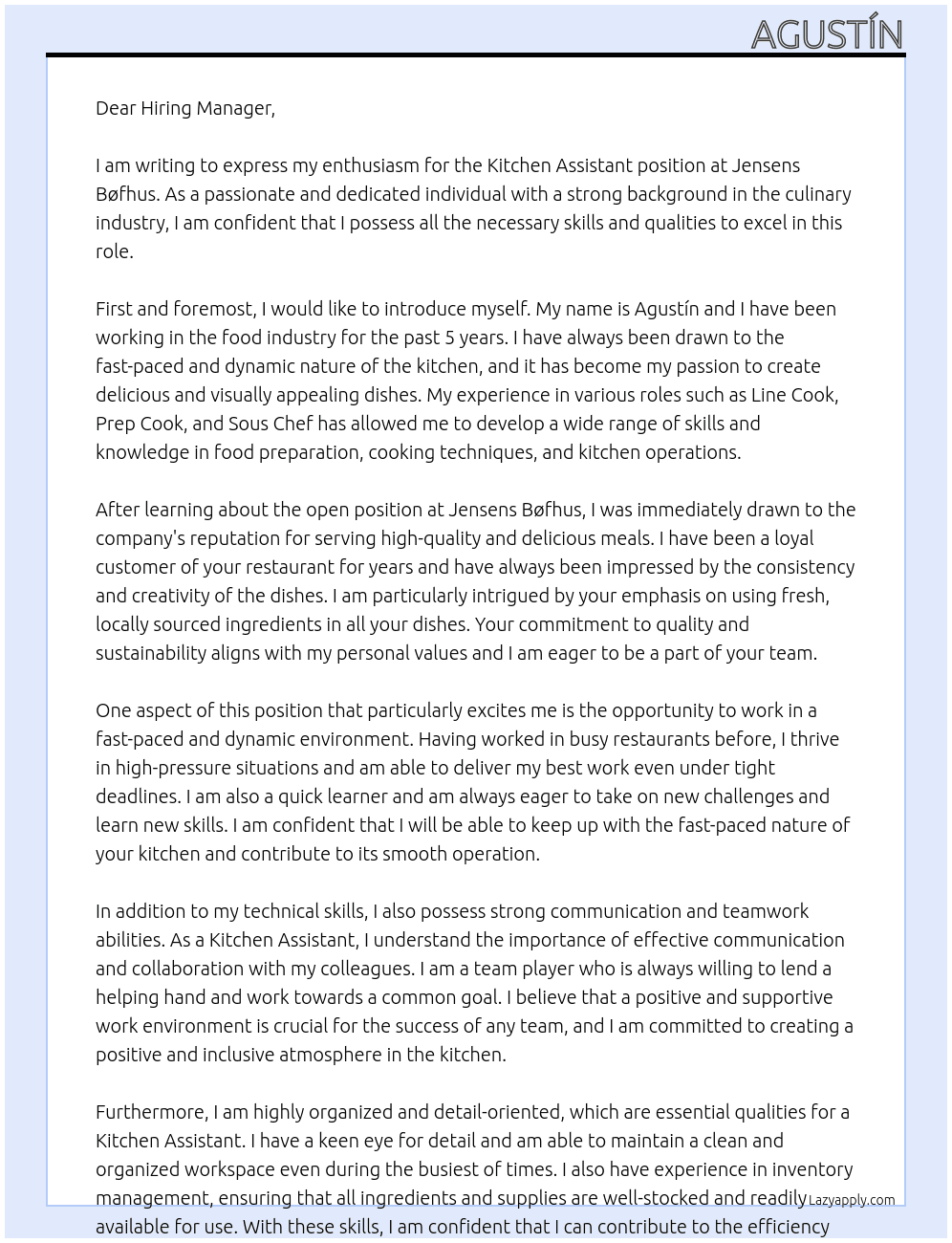 Kitchen Assistant At Jensens Bøfhus Cover Letter