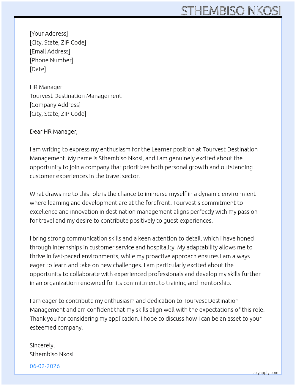 Cover letter for learner - LazyApply