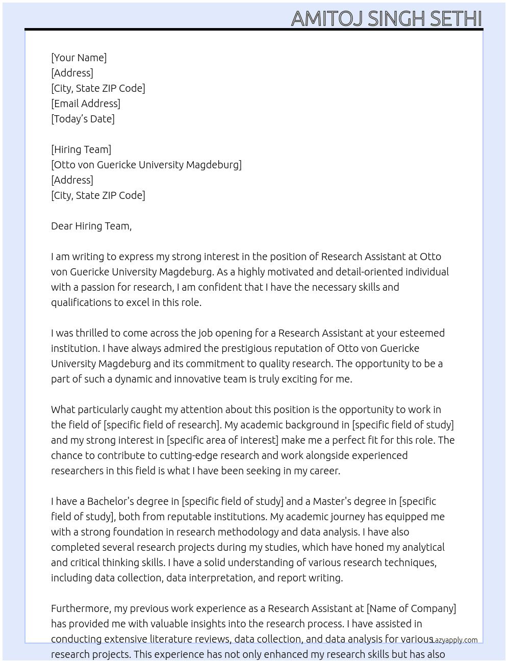 Research Assistant At Otto von Guericke University Magdeburg Cover Letter