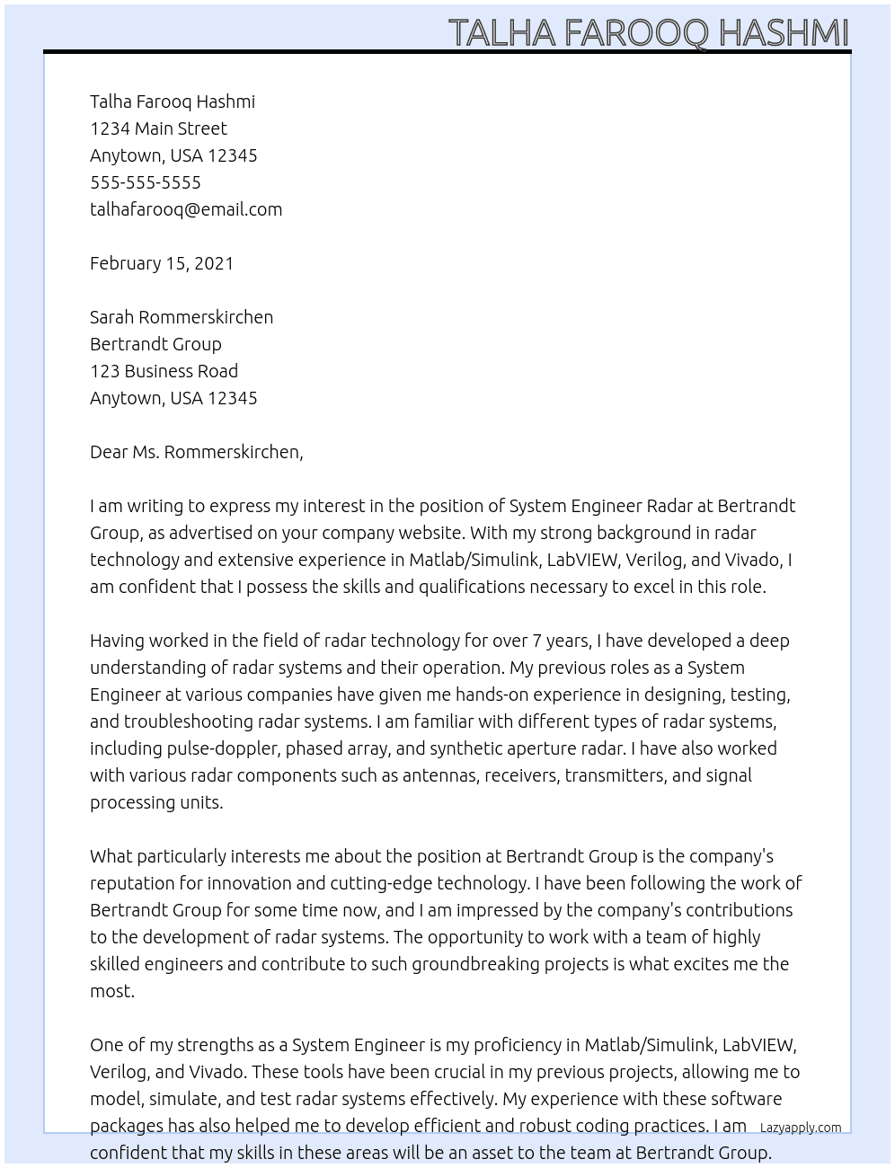 System Engineer Radar At Bertrandt Group Cover Letter