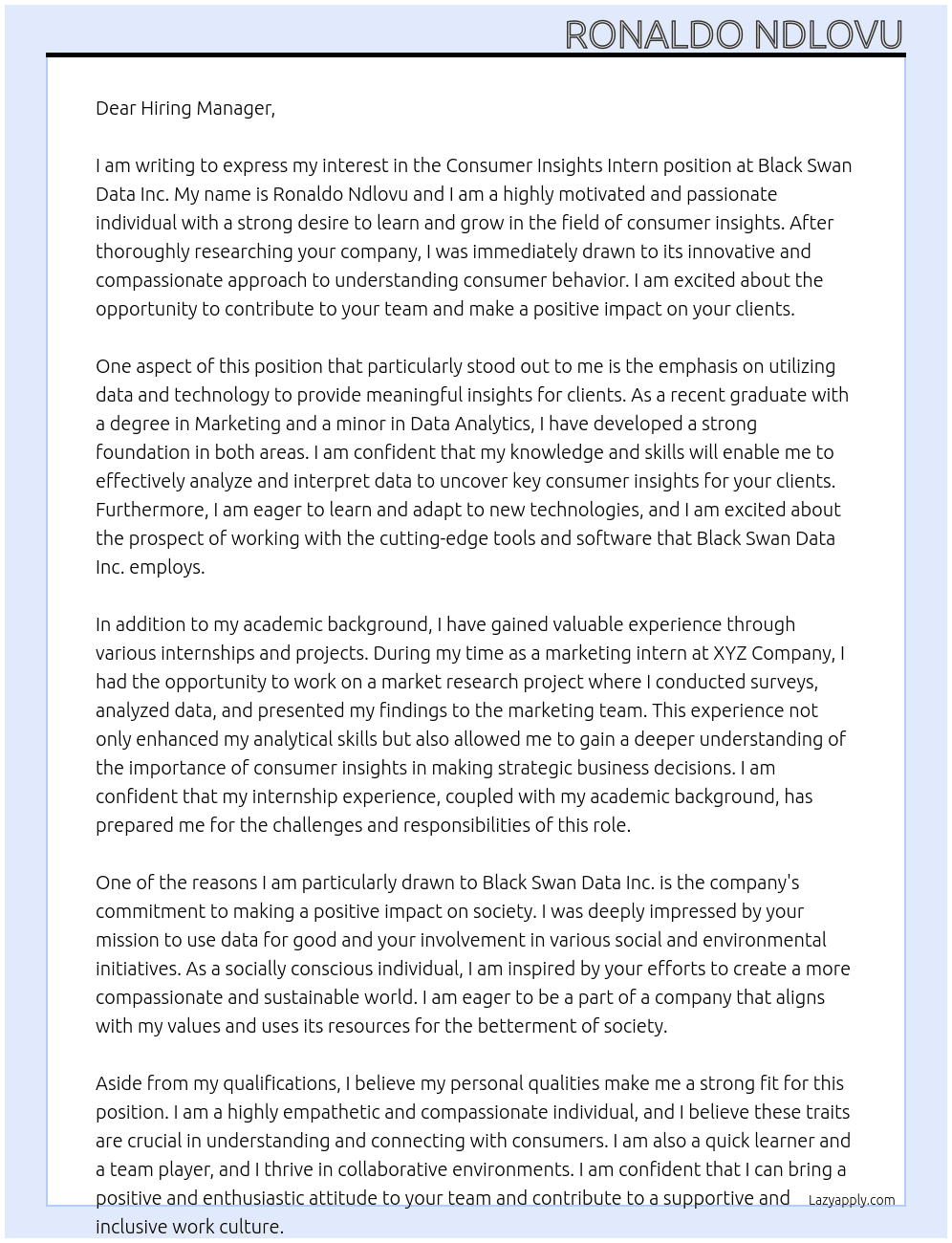 Consumer insights intern At Black Swan Data Inc Cover Letter