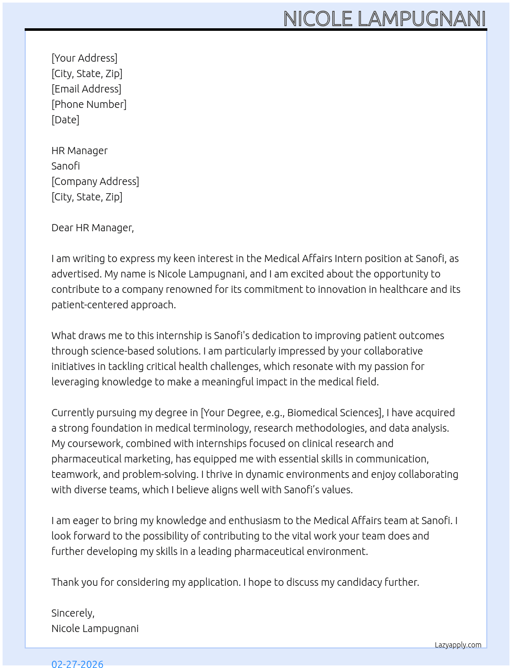 Medical Affairs intern At Sanofi  Cover Letter