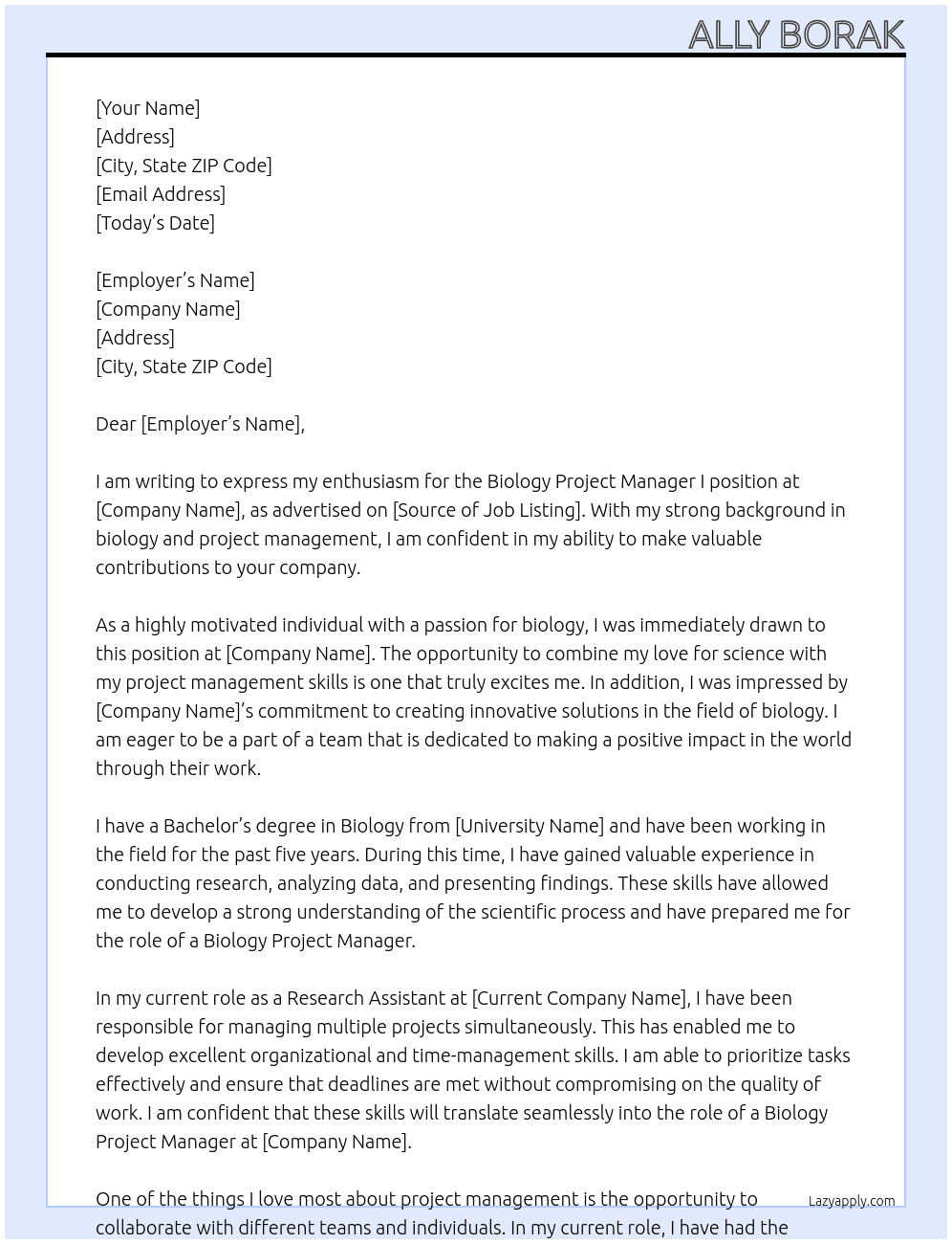 Biology Project Manager I At Biology Project Manager I Cover Letter