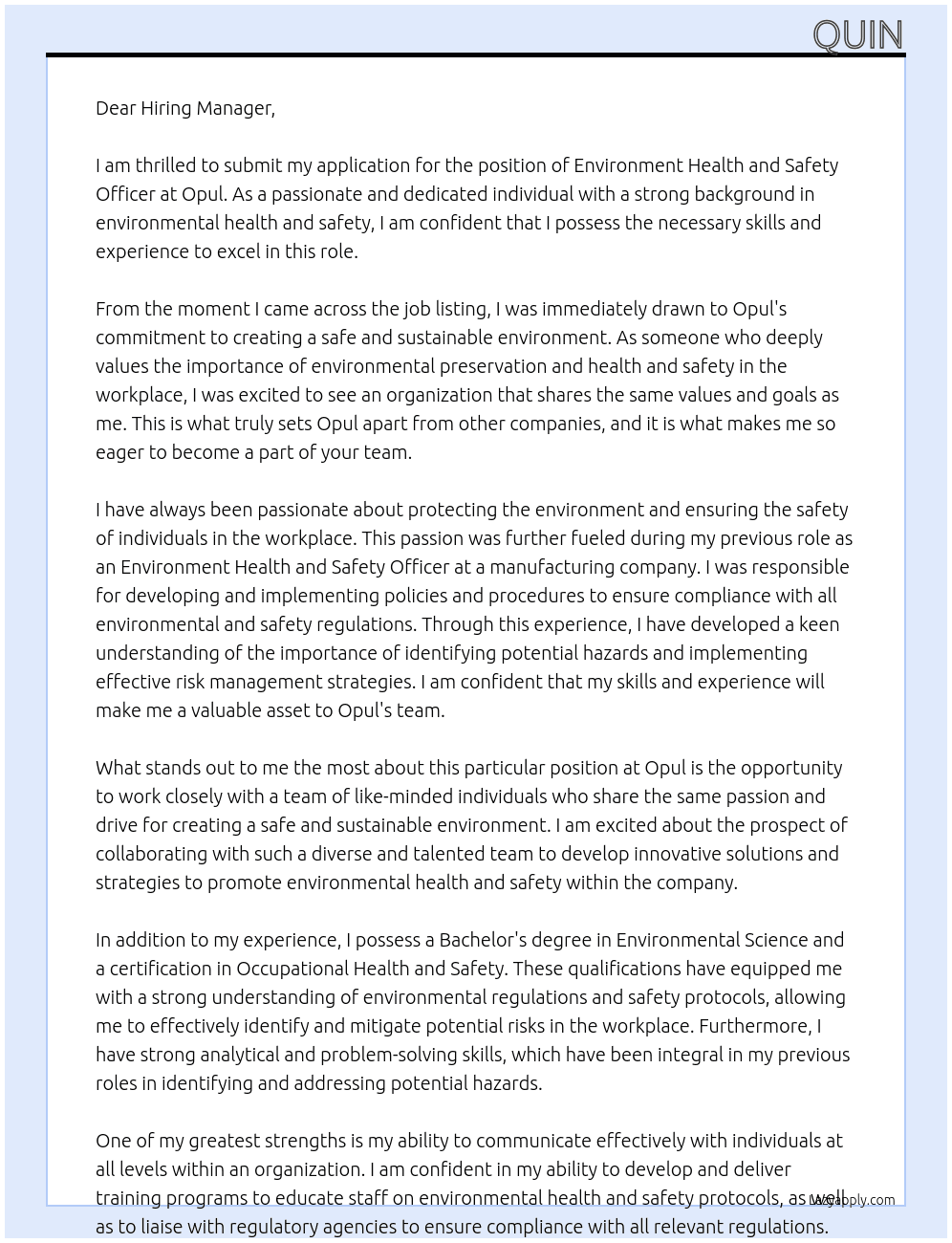 Environment health and Safety Officer At Opul Cover Letter