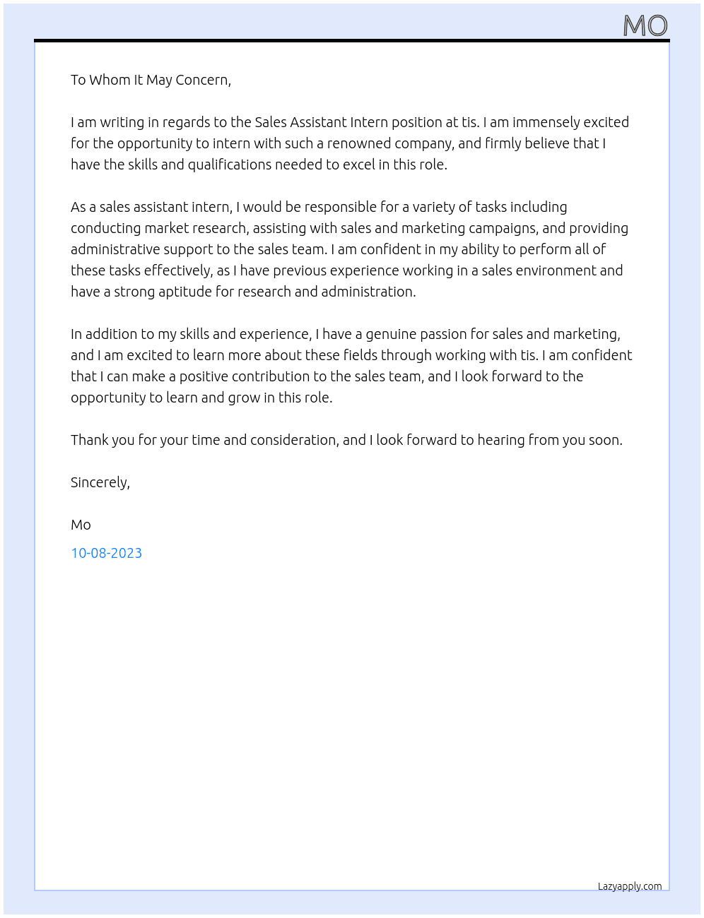 Sales Assistant Intern At tis Cover Letter