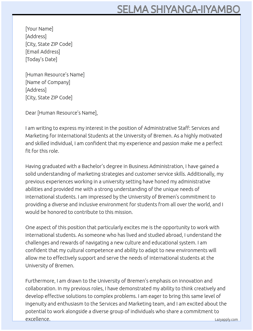 Administrative staff:  Services and Marketing for International Students At University of Bremen  Cover Letter