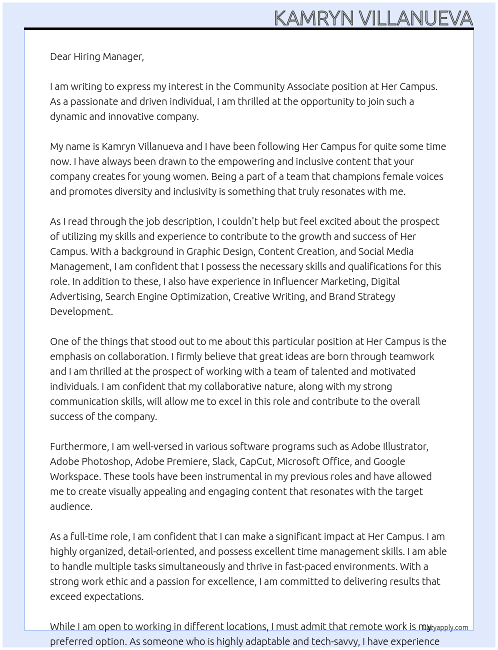 Community Associate At Her Campus Cover Letter