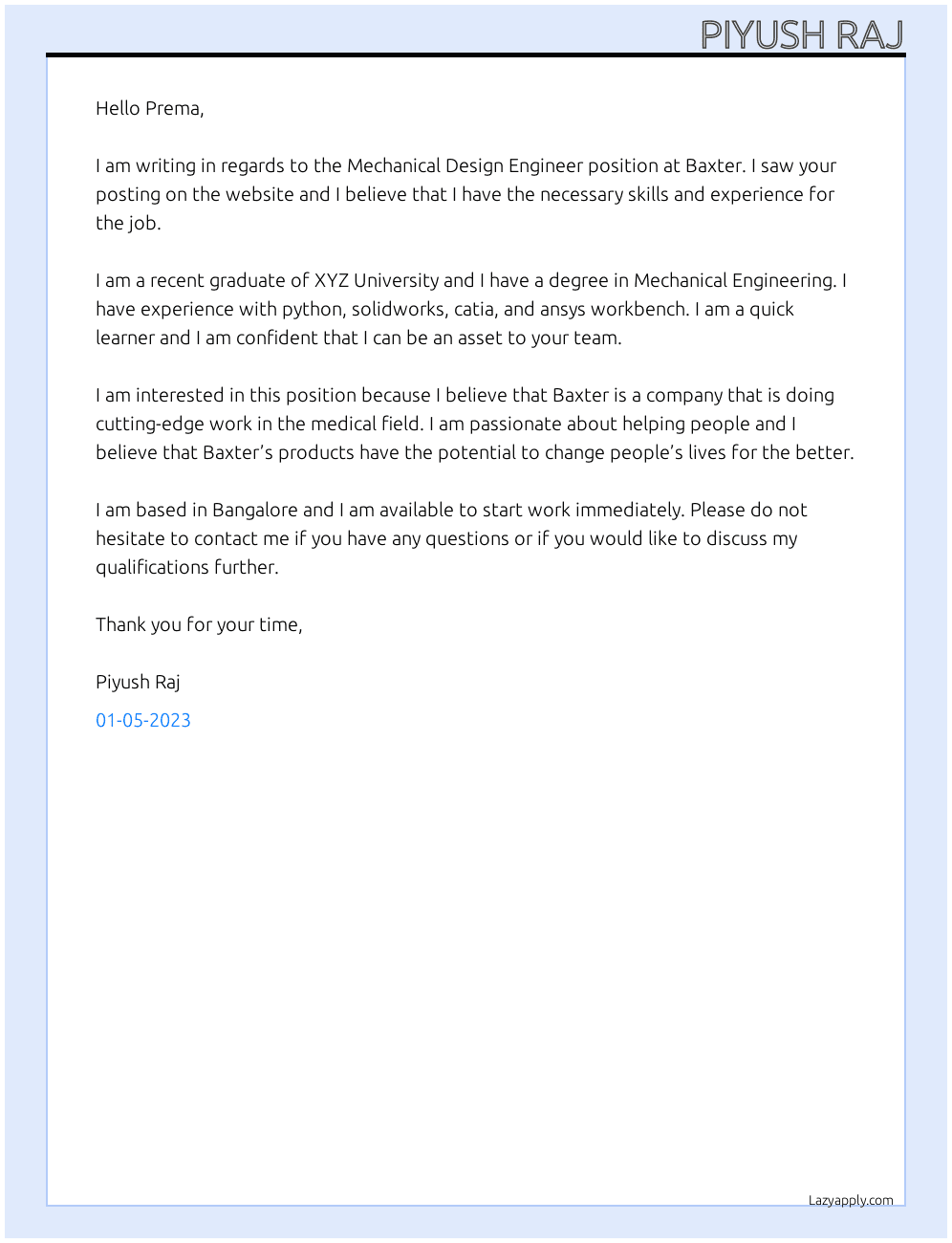 Mechanical Design Engineer At Baxter Cover Letter
