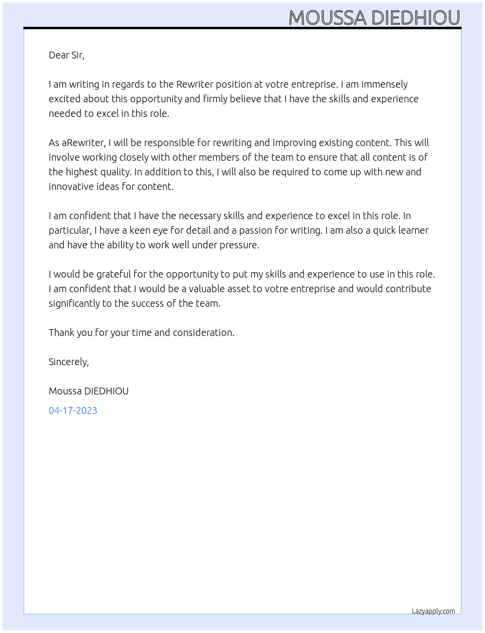 REWRITER At votre entreprise Cover Letter
